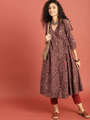 Women rust brown kalamkari hand block printed a-line angrakha kurta with tie-ups 1