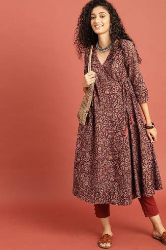 Women rust brown kalamkari hand block printed a-line angrakha kurta with tie-ups