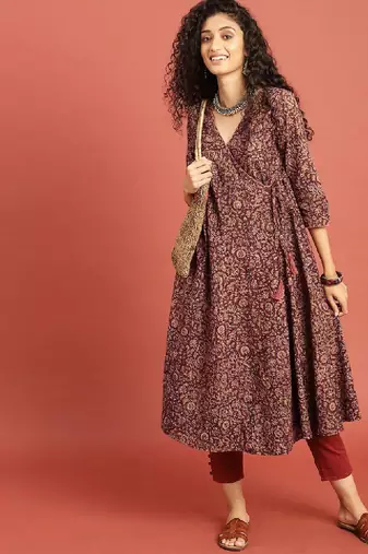 Women rust brown kalamkari hand block printed a-line angrakha kurta with tie-ups