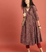 Women rust brown kalamkari hand block printed a-line angrakha kurta with tie-ups