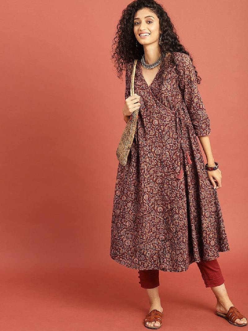 Women rust brown kalamkari hand block printed a-line angrakha kurta with tie-ups