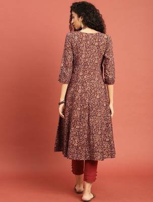Women rust brown kalamkari hand block printed a-line angrakha kurta with tie-ups 2