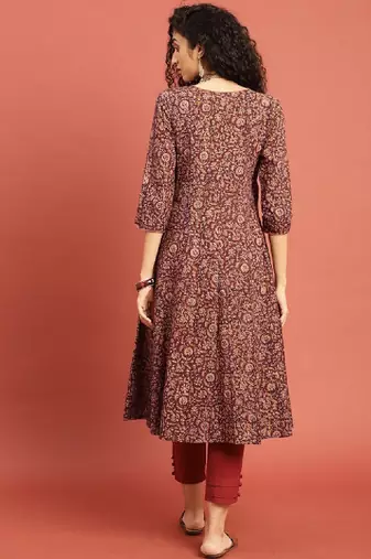 Women rust brown kalamkari hand block printed a-line angrakha kurta with tie-ups