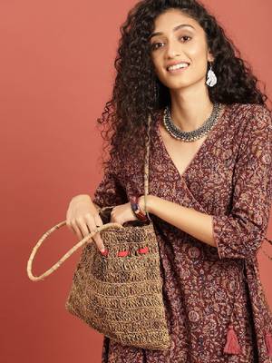 Women rust brown kalamkari hand block printed a-line angrakha kurta with tie-ups 3