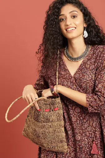 Women rust brown kalamkari hand block printed a-line angrakha kurta with tie-ups