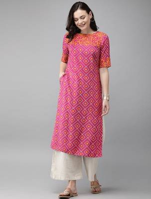 Women pink & mustard yellow printed straight kurta 1