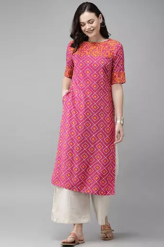 Women pink & mustard yellow printed straight kurta