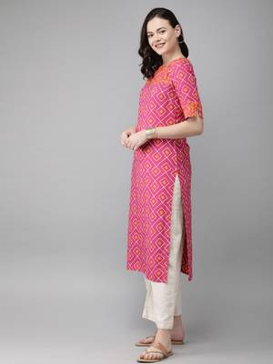 Women pink & mustard yellow printed straight kurta 3