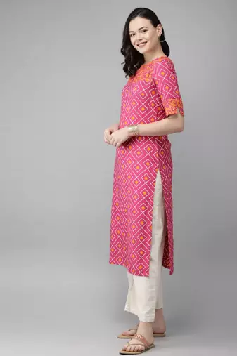 Women pink & mustard yellow printed straight kurta