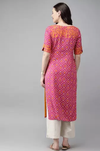 Women pink & mustard yellow printed straight kurta