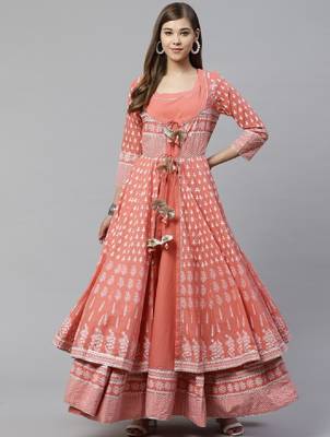 Women peach-coloured gotta patti printed cotton anarkali with long ethnic jacket 1