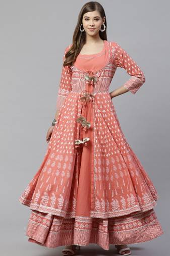 Women peach-coloured gotta patti printed cotton anarkali with long ethnic jacket