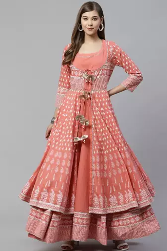 Women peach-coloured gotta patti printed cotton anarkali with long ethnic jacket