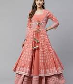 Women peach-coloured gotta patti printed cotton anarkali with long ethnic jacket