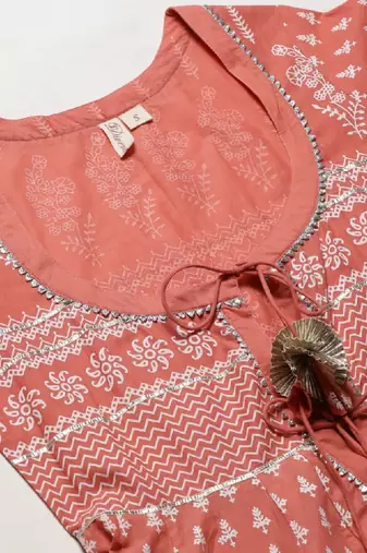 Women peach-coloured gotta patti printed cotton anarkali with long ethnic jacket