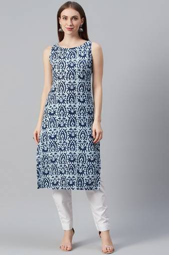 Women navy blue & white printed straight kurta