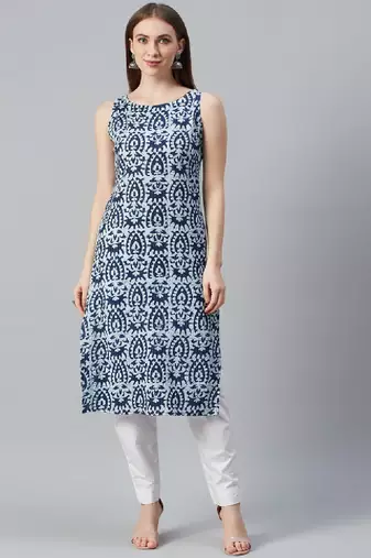 Women navy blue & white printed straight kurta
