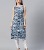 Women navy blue & white printed straight kurta