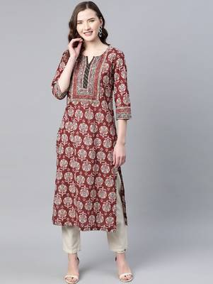 Women burgundy & blue pure cotton printed a-line tunic kurta 1