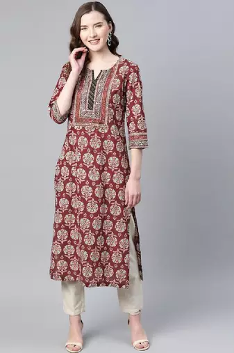 Women burgundy & blue pure cotton printed a-line tunic kurta