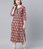 Women burgundy & blue pure cotton printed a-line tunic kurta