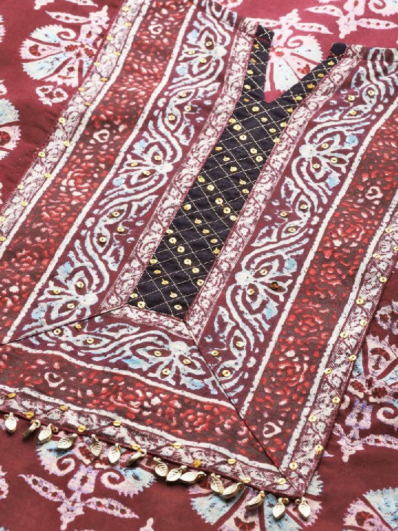 Women burgundy & blue pure cotton printed a-line tunic kurta