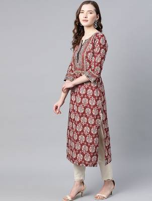 Women burgundy & blue pure cotton printed a-line tunic kurta 3