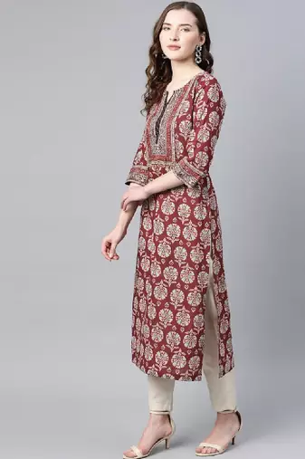 Women burgundy & blue pure cotton printed a-line tunic kurta