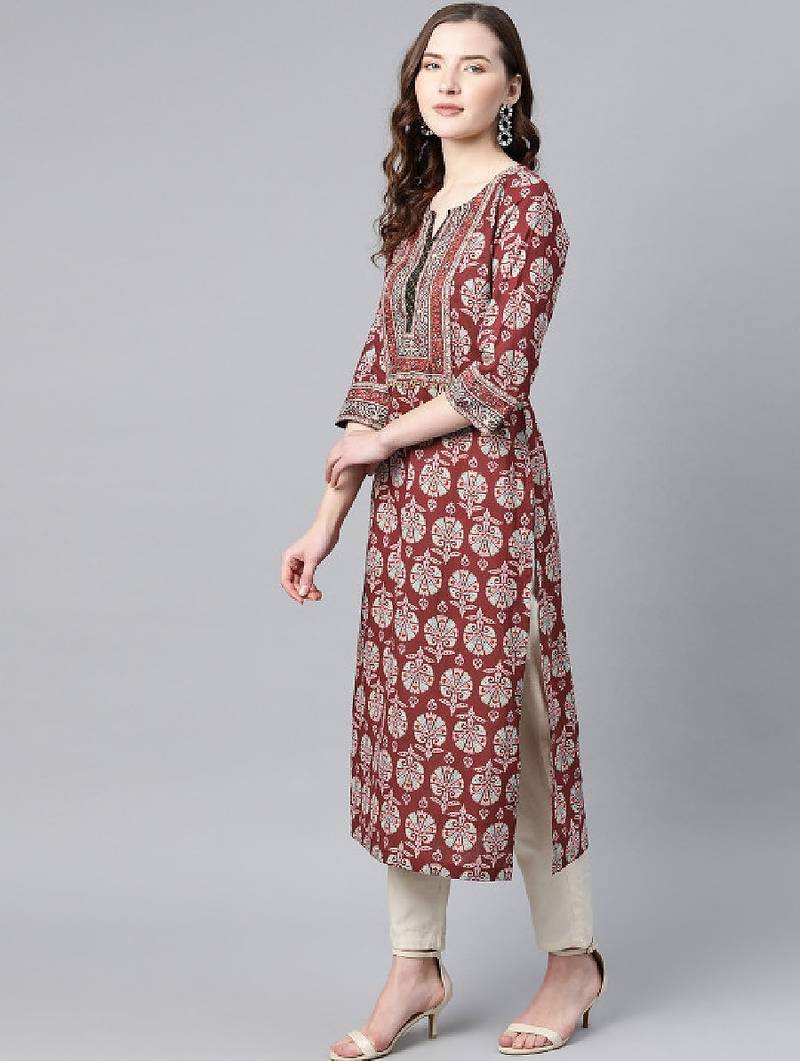 Women burgundy & blue pure cotton printed a-line tunic kurta