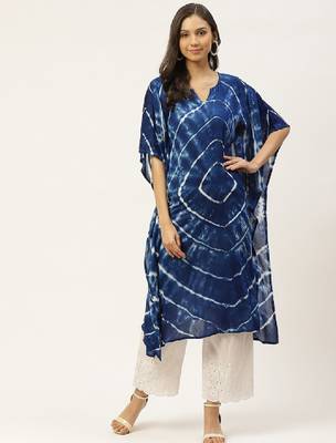 Women navy blue & white hand dyed asymmetric kaftan crepe kurta 1