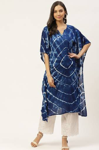 Women navy blue & white hand dyed asymmetric kaftan crepe kurta