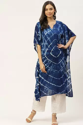 Women navy blue & white hand dyed asymmetric kaftan crepe kurta