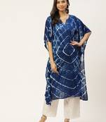 Women navy blue & white hand dyed asymmetric kaftan crepe kurta