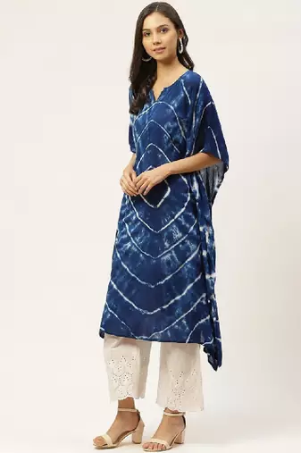 Women navy blue & white hand dyed asymmetric kaftan crepe kurta