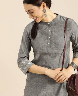 Women grey thread work kurta 1