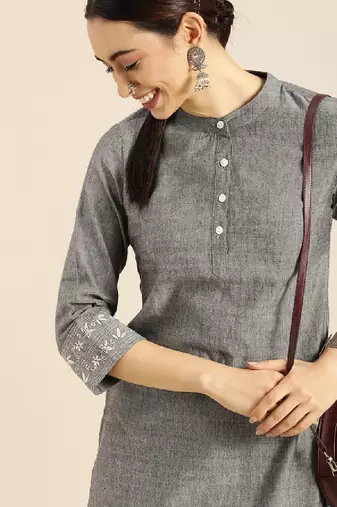 Women grey thread work kurta
