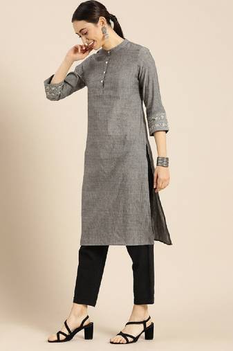 Women grey thread work kurta