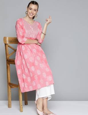 Women pink & white ethnic motifs printed gotta patti pure cotton kurta 1