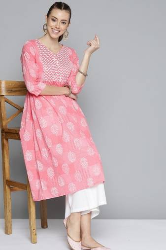 Women pink & white ethnic motifs printed gotta patti pure cotton kurta
