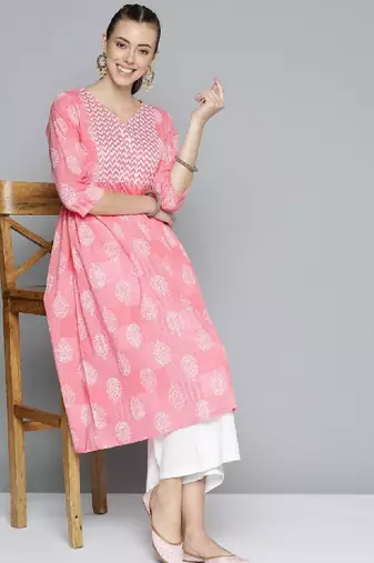Women pink & white ethnic motifs printed gotta patti pure cotton kurta