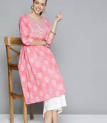 Women pink & white ethnic motifs printed gotta patti pure cotton kurta