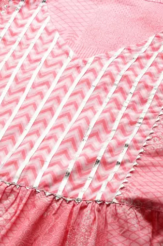 Women pink & white ethnic motifs printed gotta patti pure cotton kurta