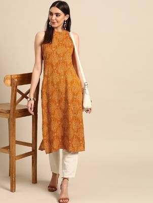 Women yellow bandhani printed kurta 1