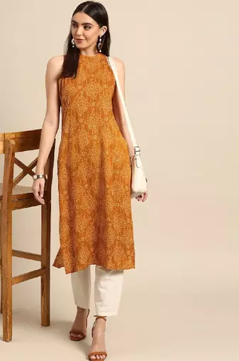 Women yellow bandhani printed kurta