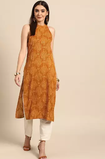 Women yellow bandhani printed kurta