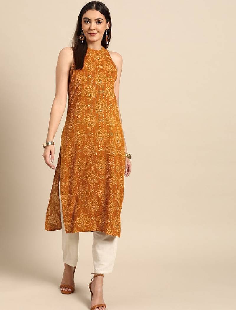 Women yellow bandhani printed kurta