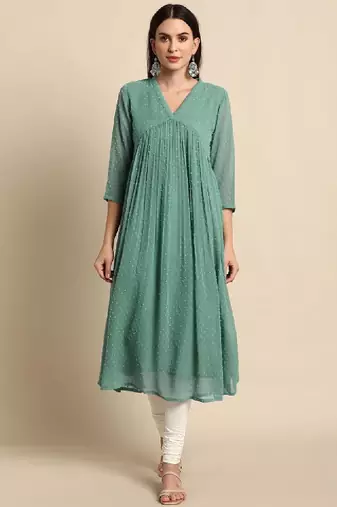 Women's green chiffon self design flared kurta