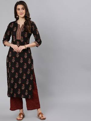 Women black ethnic motifs printed straight kurta 1