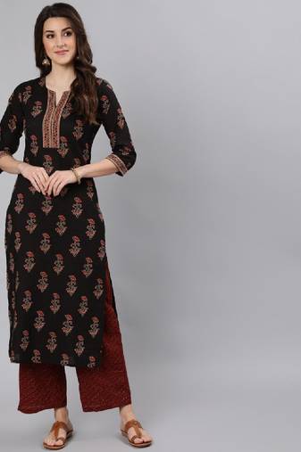 Women black ethnic motifs printed straight kurta