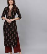 Women black ethnic motifs printed straight kurta